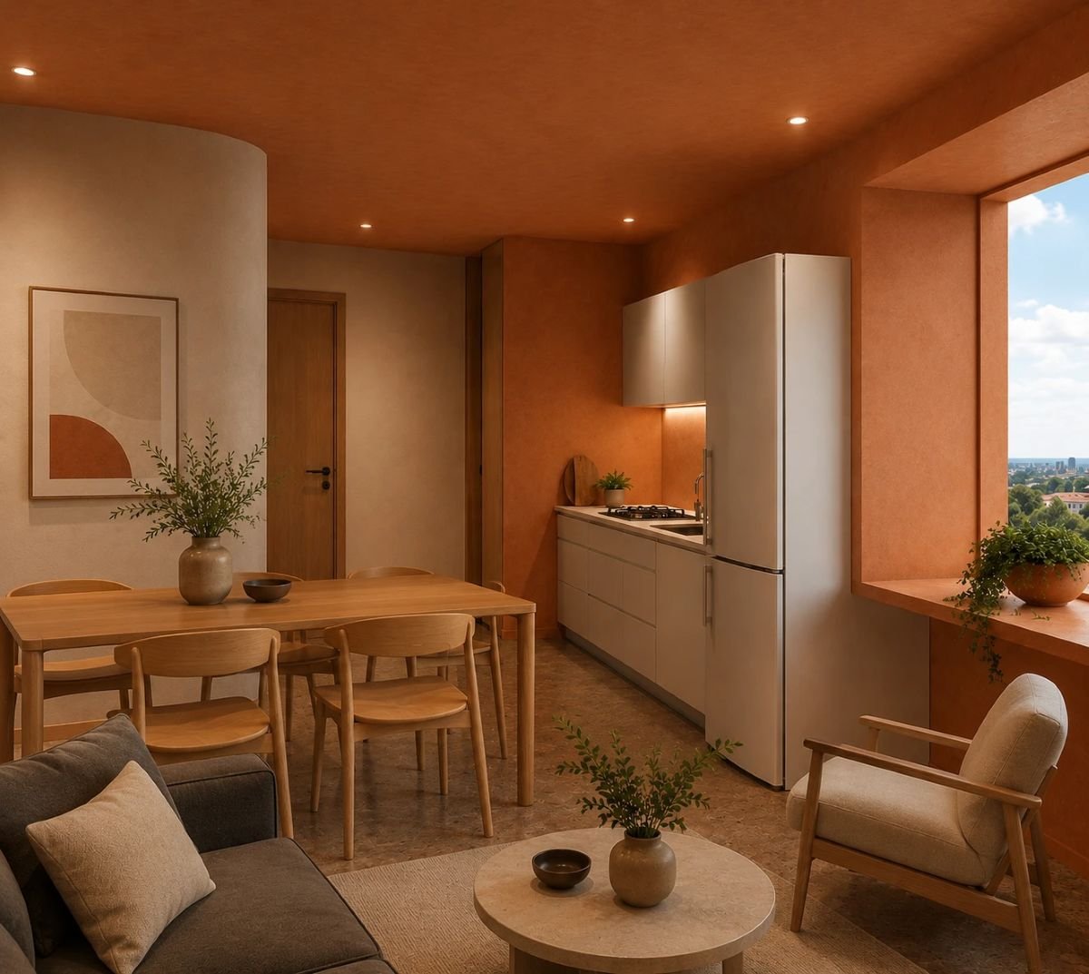 Interior de un departamento de Núcleo Terracota con cocina integral y muros color terracota